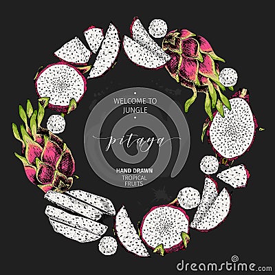 Vecotr hand drawn smoothie bowls poster. Exotic colored engraved fruits. Round wreath border composition. Piataya whole Vector Illustration