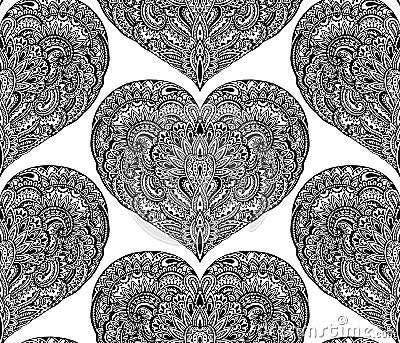 Vecror seamless pattern with hand drawn ornate hearts Vector Illustration