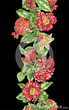 Vectical vector pomegranate line with blooming flowers and fruit Cartoon Illustration