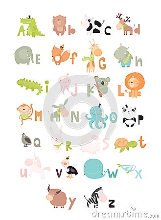 Vecto alphabet with animals. poster. shark, squirrel, camel, goose, dinosaur, duck, mouse, bear, crocodile, elephant, octopus, fis Vector Illustration