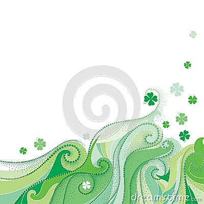 Vector abstract background with dotted lucky four leaf clover or shamrock, curly lines and swirls in green isolated on white. Vector Illustration