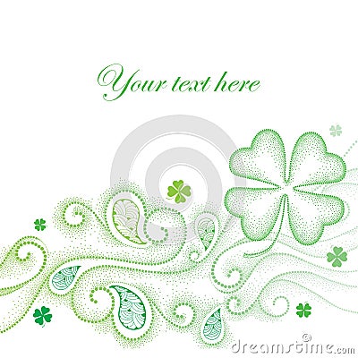 Vector abstract background with dotted lucky four leaf clover or shamrock, swirls and curly lines in green isolated on white. Vector Illustration