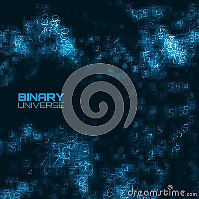 Vector abstract big data visualization. Blue glowing data flow as binary numbers. Computer code representation. Vector Illustration