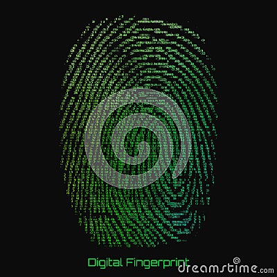 Vector abstract binary representation of fingerprint. Cyber thumbprint green pattern composed of numbers. Vector Illustration