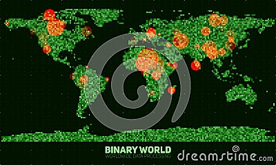 Vector abstract binary world map. Continents constructed from green binary numbers. Global information network. Vector Illustration