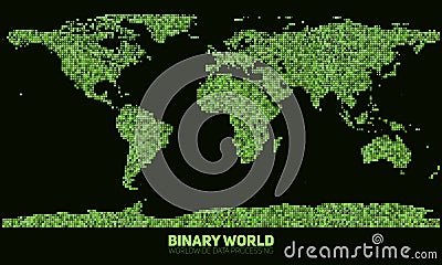 Vector abstract binary world map. Continents constructed from green binary numbers. Global information network. Vector Illustration