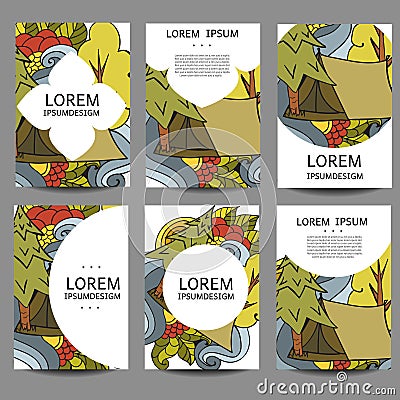 Vector abstract brochures Recreation. Tourism and camping in doodle style.Design templates vintage frames backgrounds. Vector Illustration