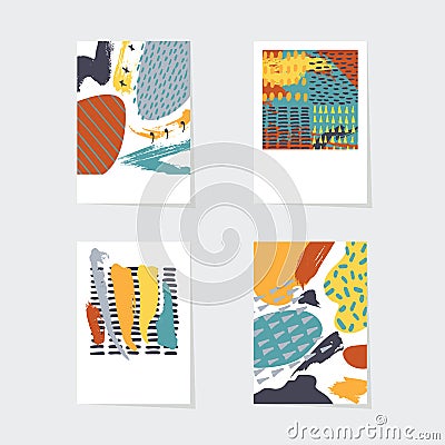 Vector abstract cards set. Hand drawn elemens in nuance colors. Dots. spots and brush strokes in imperfect style. Stock Photo