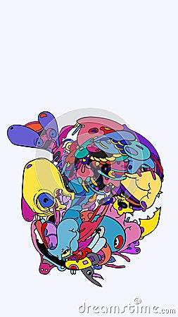 Vector abstract cartoon doodle skull bone insect and head colorful illustration Cartoon Illustration