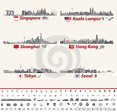 Vector abstract city skylines of Singapore, Kuala Lumpur, Shanghai, Hong Kong, Tokyo and Seoul Vector Illustration