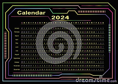 Vector_Calendar horizontal_CYBER FRAME_dark_neon_2024_7_2 Vector Illustration