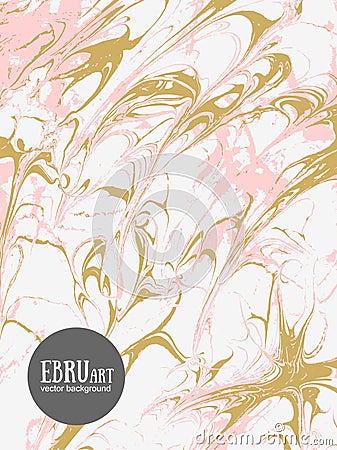 Vector abstract ebru background. Gold and pink splashes. Vector Illustration