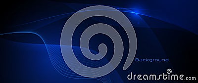 Vector Abstract flowing wave line, particle dot pattern, neon light on dark blue gradient background. Stock Photo