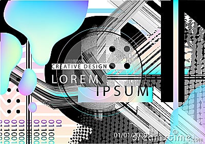 Vector abstract geometric background with trendy glitch art elements. Horizontal orientation poster Vector Illustration