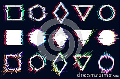 Vector abstract geometric shapes with glitch effect, digital defect, frame distortion, square, hexagon, rhombus, triangle, circle Vector Illustration
