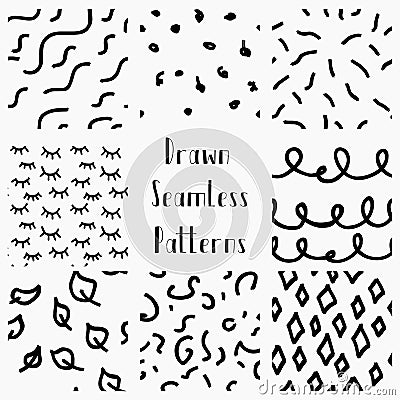 Vector Abstract Hand Drawn Black Seamless Patterns Vector Illustration