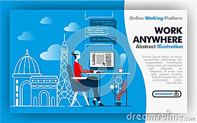 Vector abstract illustration .blue and white banner web or poster design about work anywhere. female worker work while on vacation Vector Illustration