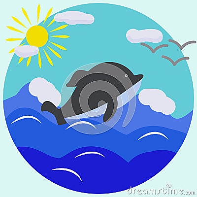 Vector abstract illustration of a dolphin, sea, sun, clouds in a circle. Vector Illustration