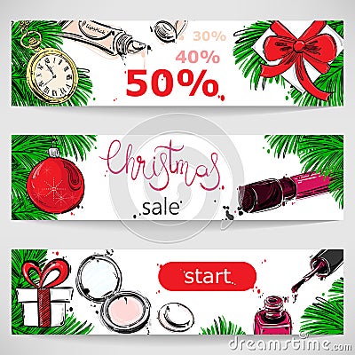 Vector abstract illustration with fir branches, Christmas ball, pocket watches, gifts, nail polish, powder and lip gloss Vector Illustration