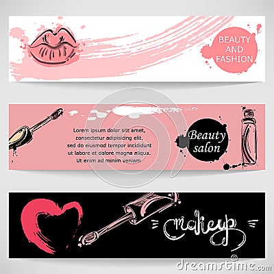 Vector abstract illustration with glitter for lips, cosmetic brush, heart and lips Vector Illustration