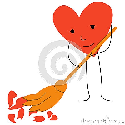 Vector abstract illustration-metaphor, which depicts a lively heart, sweeping and cleaning up broken hearts. Vector Illustration