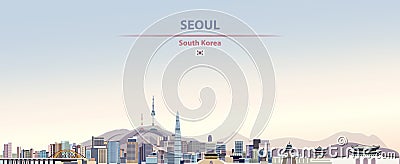 Vector illustration of Seoul city skyline on colorful gradient beautiful day sky background with flag of South Korea Vector Illustration