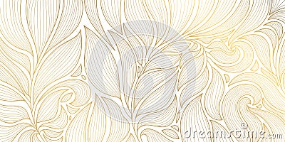 Vector abstract luxury background, gold line floral wallpaper, leaves texture. Golden botanical modern, art deco pattern Vector Illustration