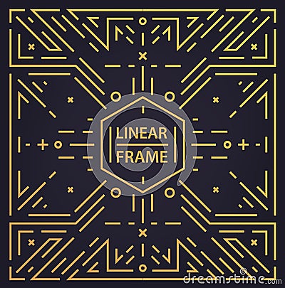 Vector abstract monogram geometric frame, vintage square linear golden background. Art deco shiny retro style. Use as Vector Illustration