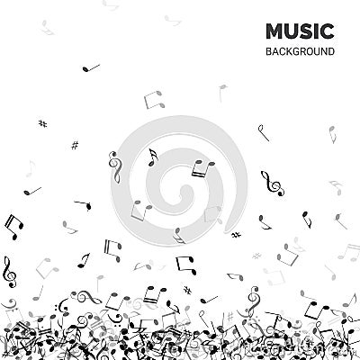 Vector abstract music background. Music background text with falling notes. Vector Illustration