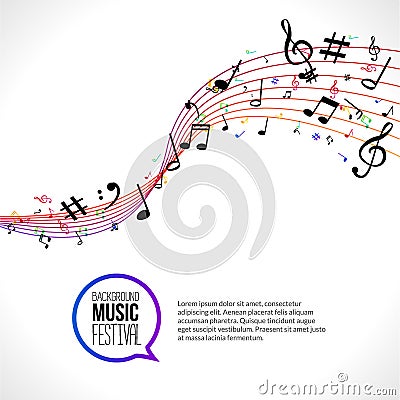 Vector abstract Music notes on colorful lines. On white isolated background. Musical concept Vector Illustration