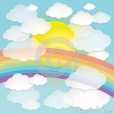 Vector abstract paper clouds, sun and rainbow in the blue sky. Vector Illustration
