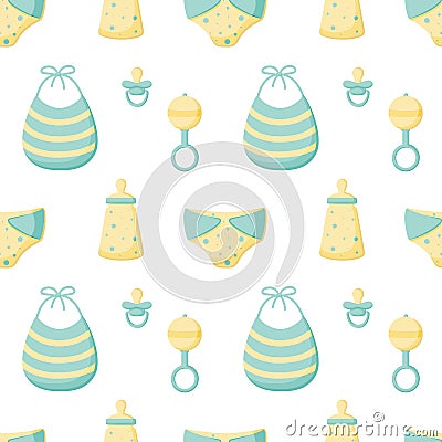 Vector abstract seamless background with rattle, bottle, pacifier, bib, diaper. Colorful endless pattern. Great for kids design Stock Photo