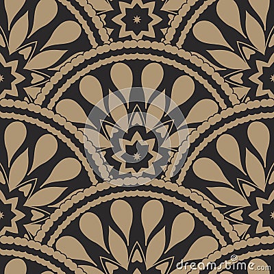 Vector abstract seamless geometrical wavy background from golden black fan shaped ornate feathers and banners with ethnic patterns Stock Photo