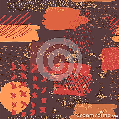 Vector abstract seamless pattern with hand drawn elements, art dots, spots, lines and scrawled lines in autumn colors Vector Illustration