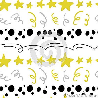 Vector abstract seamless pattern with stars, confetti, lines, spots in hand drawn comic style. Vector Illustration