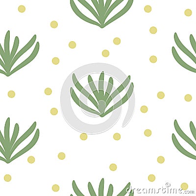 Vector abstract seamless texture on white background. Hand drawn flat simple trendy illustration with green leaves and yellow dots Vector Illustration