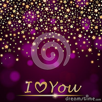 Vector abstract shining falling stars on violet ambient blurred background I love You Vector Illustration