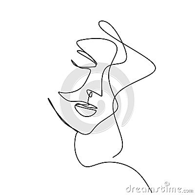 Vector abstract trendy illustration of one line drawing of woman. Close up beautiful women`s face hand draw line art. Modern Vector Illustration