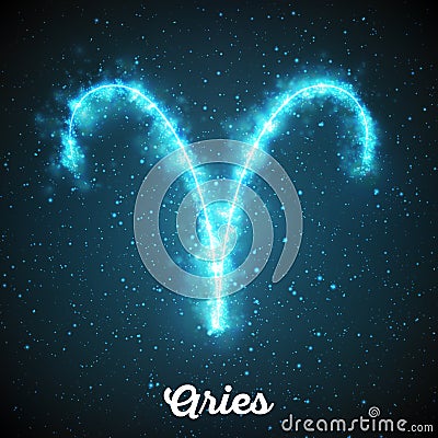 Vector abstract zodiac sign Aries on a dark blue background of the space with shining stars. Vector Illustration