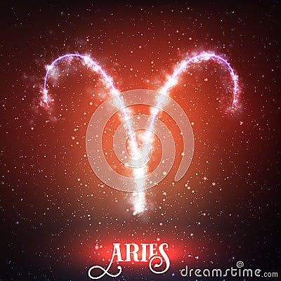 Vector abstract zodiac sign Aries on a dark red background of the space with shining stars. Vector Illustration