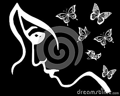 vector abstraction, logo, face of a girl and butterflies on a black background, minimalism Vector Illustration