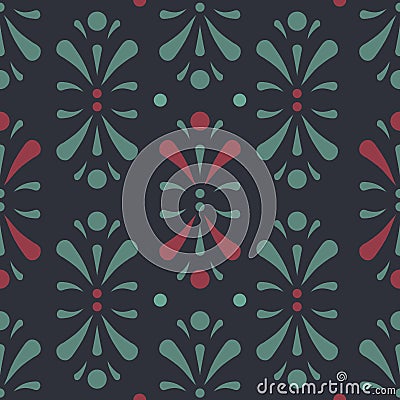 Vector Abtract Floral Design in dark green and red seamless pattern background Stock Photo