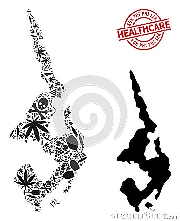 Drugs Collage Map of Koh Phi Leh and Watermark Health Care Watermark Vector Illustration