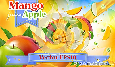 Vector ads 3d promotion banner. Realistic apple mango splashing Vector Illustration