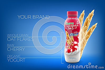 Vector ads of natural drinking yogurt with oats and raw cherry bottle branding ready commercial infographic flyer Vector Illustration