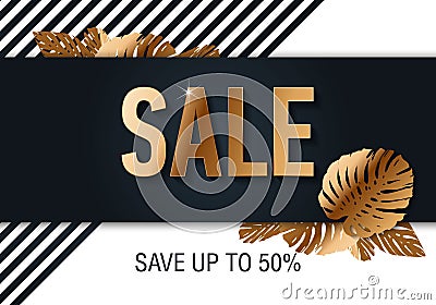 Vector advertising banner with gold and black tropical leaves and gold SALE word on black. Exotic botany design for woman health Stock Photo