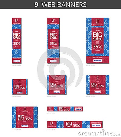 Vector advertising web banners with big sale and with pattern snowflakes on blue field Vector Illustration