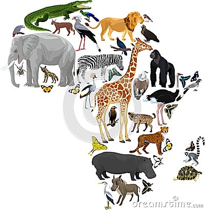 Vector Africa fauna map, flat elements. Animals, birds, reptiles, insects big set. Geography infographic Vector Illustration