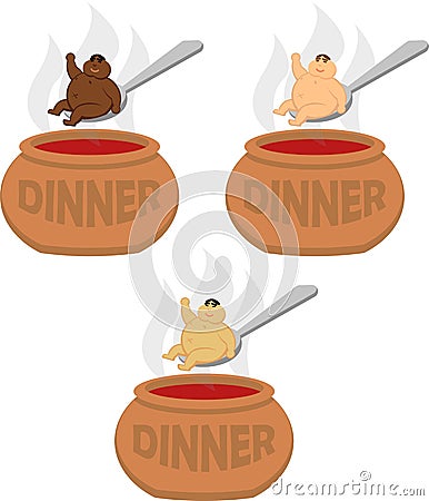 Vector of African-American, Asian, and white men that sit on a spoon over a cauldron Vector Illustration