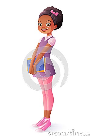 Vector African smiling young school student girl standing with books. Vector Illustration